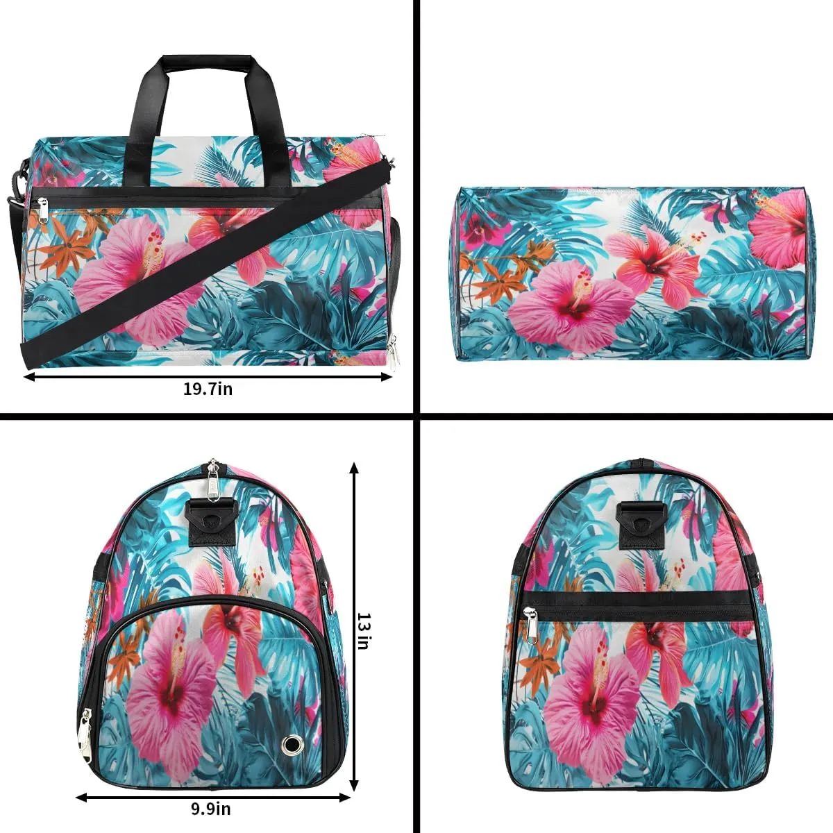Sports Gym Bag for Women Men,Tropical Leaf Floral Waterproof Overnight Bag with Shoe Compartment, Travel Duffel Bag Carry On Weekender Bag for Beach Swim Pool Workout,BAG-391