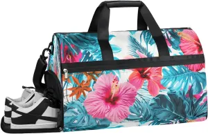 Sports Gym Bag for Women Men,Tropical Leaf Floral Waterproof Overnight Bag with Shoe Compartment, Travel Duffel Bag Carry On Weekender Bag for Beach Swim Pool Workout,BAG-391