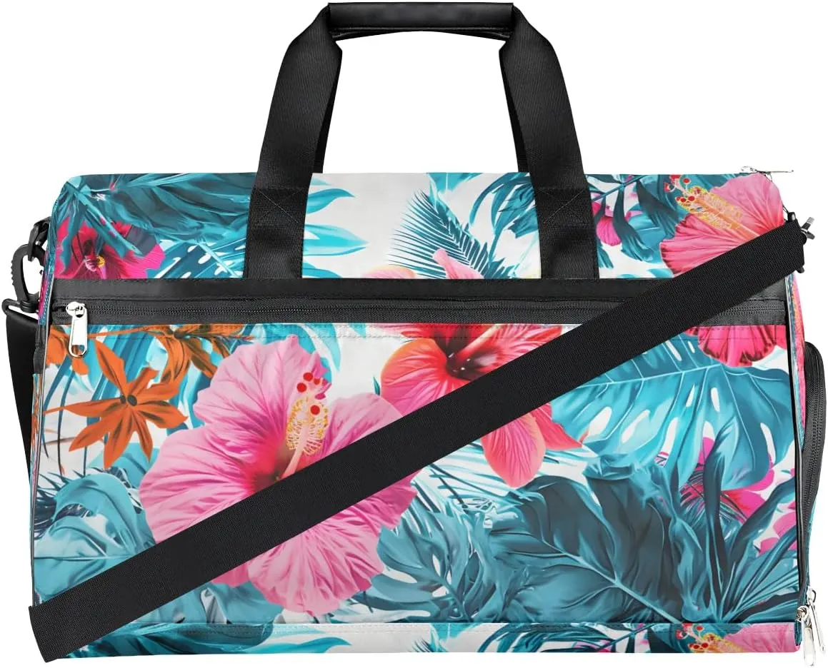 Sports Gym Bag for Women Men,Tropical Leaf Floral Waterproof Overnight Bag with Shoe Compartment, Travel Duffel Bag Carry On Weekender Bag for Beach Swim Pool Workout,BAG-391