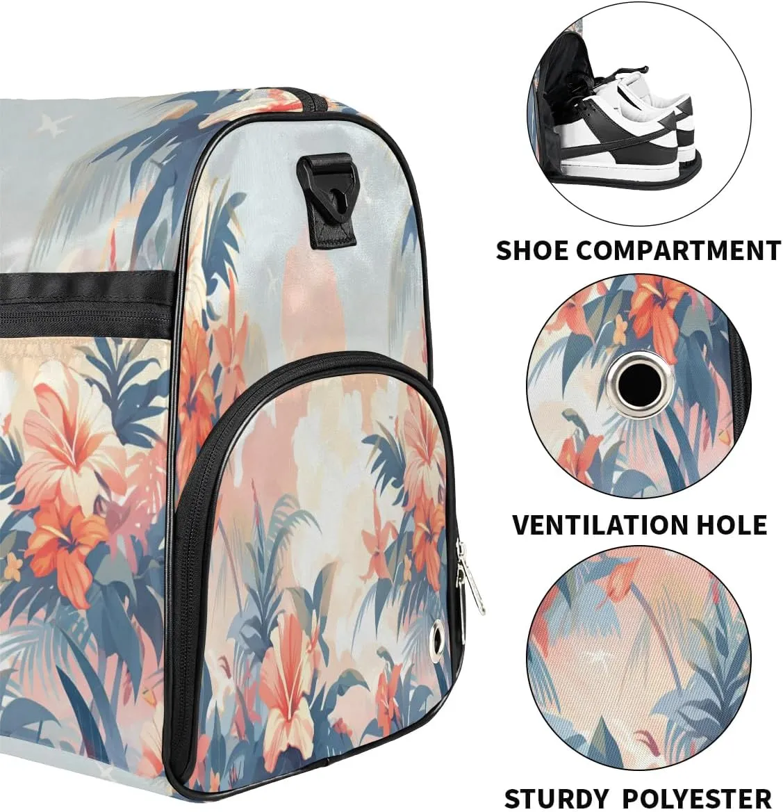 Sports Gym Bag for Women Men,Tropical Leaf Flower Waterproof Overnight Bag with Shoe Compartment, Travel Duffel Bag Carry On Weekender Bag for Beach Swim Pool Workout,BAG-393