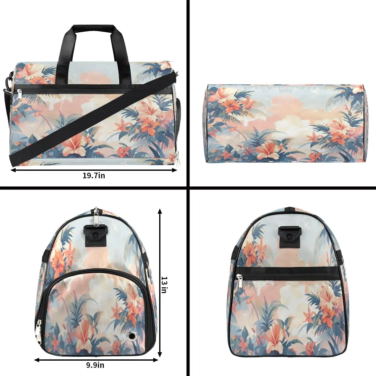 Sports Gym Bag for Women Men,Tropical Leaf Flower Waterproof Overnight Bag with Shoe Compartment, Travel Duffel Bag Carry On Weekender Bag for Beach Swim Pool Workout,BAG-393