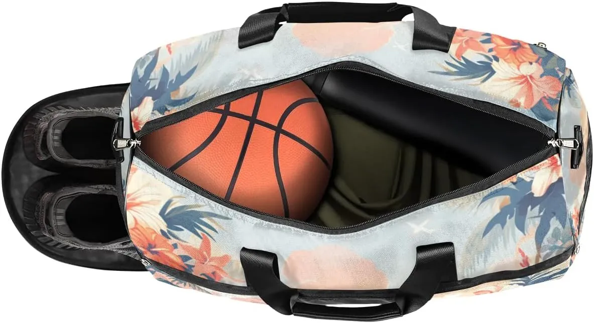 Sports Gym Bag for Women Men,Tropical Leaf Flower Waterproof Overnight Bag with Shoe Compartment, Travel Duffel Bag Carry On Weekender Bag for Beach Swim Pool Workout,BAG-393