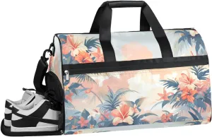 Sports Gym Bag for Women Men,Tropical Leaf Flower Waterproof Overnight Bag with Shoe Compartment, Travel Duffel Bag Carry On Weekender Bag for Beach Swim Pool Workout,BAG-393