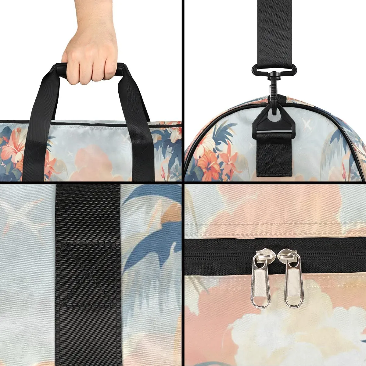 Sports Gym Bag for Women Men,Tropical Leaf Flower Waterproof Overnight Bag with Shoe Compartment, Travel Duffel Bag Carry On Weekender Bag for Beach Swim Pool Workout,BAG-393