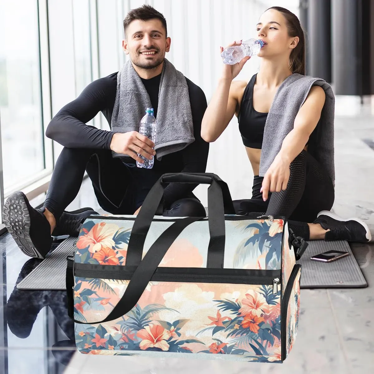 Sports Gym Bag for Women Men,Tropical Leaf Flower Waterproof Overnight Bag with Shoe Compartment, Travel Duffel Bag Carry On Weekender Bag for Beach Swim Pool Workout,BAG-393