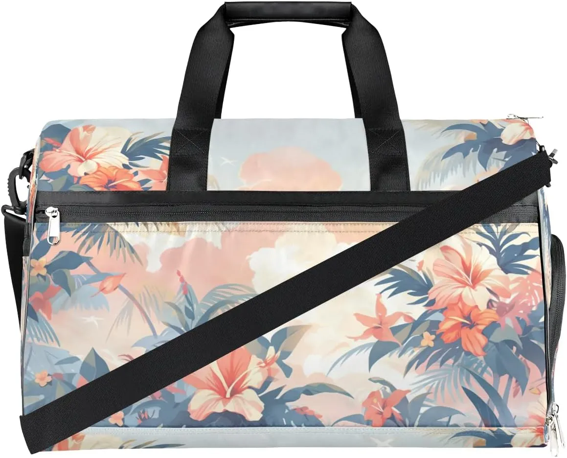 Sports Gym Bag for Women Men,Tropical Leaf Flower Waterproof Overnight Bag with Shoe Compartment, Travel Duffel Bag Carry On Weekender Bag for Beach Swim Pool Workout,BAG-393