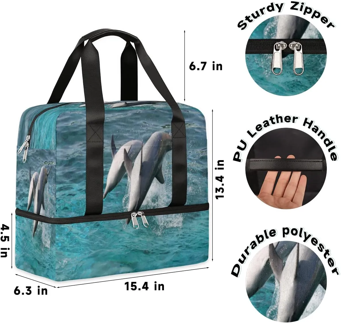 Sports Gym Bag Ocean Sea Cute Animal Dolphins Travel Duffel Bag Waterproof Lightweight Swim Bag Travel Tote Luggage Weekender Overnight Handbag Workout Bag with Shoes Compartment for Women Men