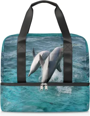 Sports Gym Bag Ocean Sea Cute Animal Dolphins Travel Duffel Bag Waterproof Lightweight Swim Bag Travel Tote Luggage Weekender Overnight Handbag Workout Bag with Shoes Compartment for Women Men