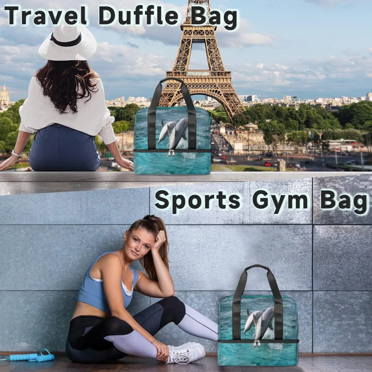 Sports Gym Bag Ocean Sea Cute Animal Dolphins Travel Duffel Bag Waterproof Lightweight Swim Bag Travel Tote Luggage Weekender Overnight Handbag Workout Bag with Shoes Compartment for Women Men