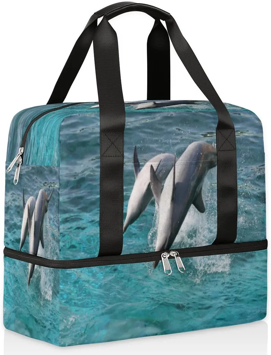 Sports Gym Bag Ocean Sea Cute Animal Dolphins Travel Duffel Bag Waterproof Lightweight Swim Bag Travel Tote Luggage Weekender Overnight Handbag Workout Bag with Shoes Compartment for Women Men