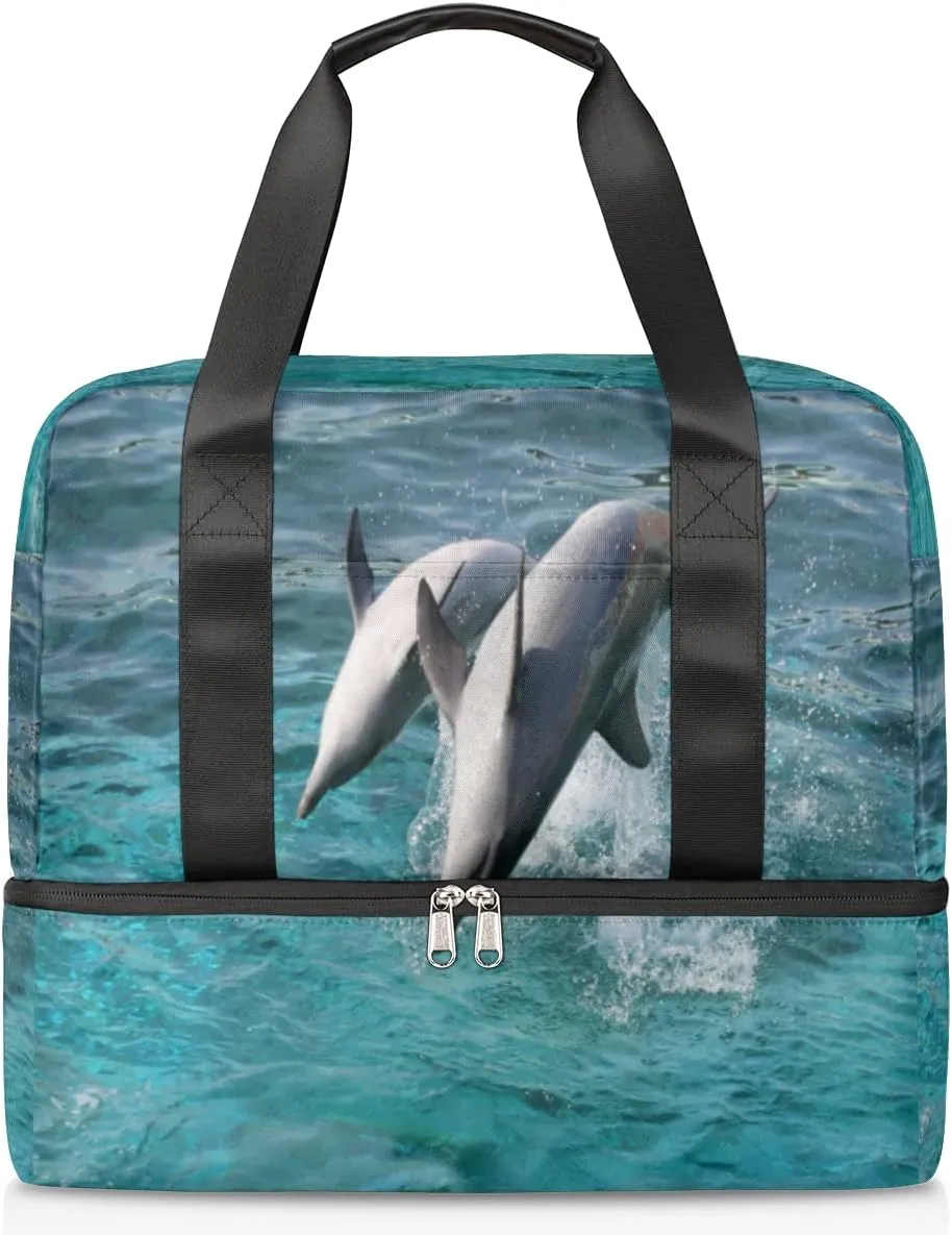 Sports Gym Bag Ocean Sea Cute Animal Dolphins Travel Duffel Bag Waterproof Lightweight Swim Bag Travel Tote Luggage Weekender Overnight Handbag Workout Bag with Shoes Compartment for Women Men