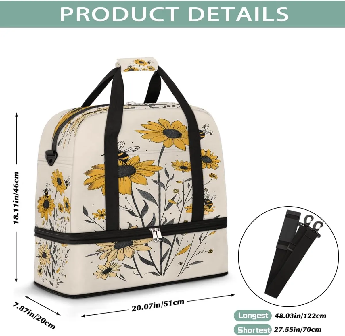 Sports Gym Bag Sunflower Bee Retro Large Travel Duffel Bag With Shoe Compartment Foldable Waterproof Carry-On Weekend Travel Bags for Camping Overnight Yoga Hospital Travel Bags