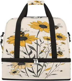 Sports Gym Bag Sunflower Bee Retro Large Travel Duffel Bag With Shoe Compartment Foldable Waterproof Carry-On Weekend Travel Bags for Camping Overnight Yoga Hospital Travel Bags