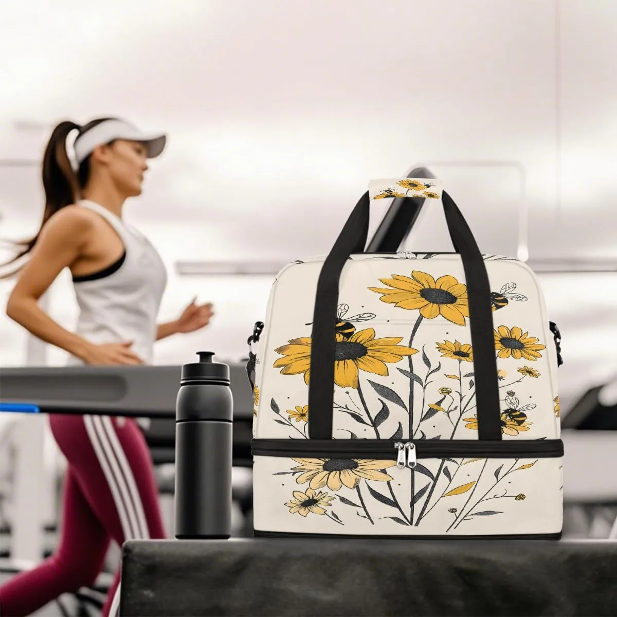 Sports Gym Bag Sunflower Bee Retro Large Travel Duffel Bag With Shoe Compartment Foldable Waterproof Carry-On Weekend Travel Bags for Camping Overnight Yoga Hospital Travel Bags
