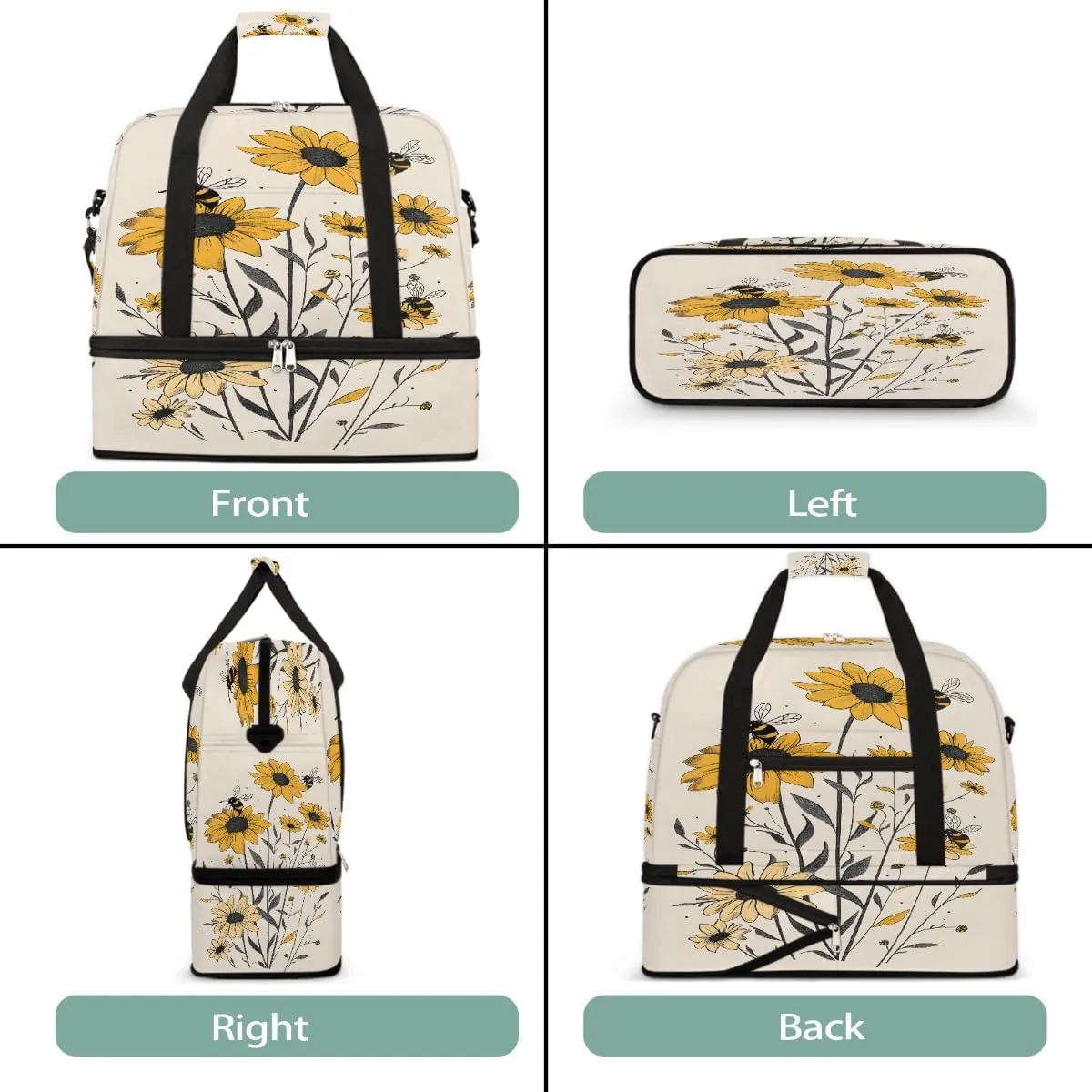 Sports Gym Bag Sunflower Bee Retro Large Travel Duffel Bag With Shoe Compartment Foldable Waterproof Carry-On Weekend Travel Bags for Camping Overnight Yoga Hospital Travel Bags