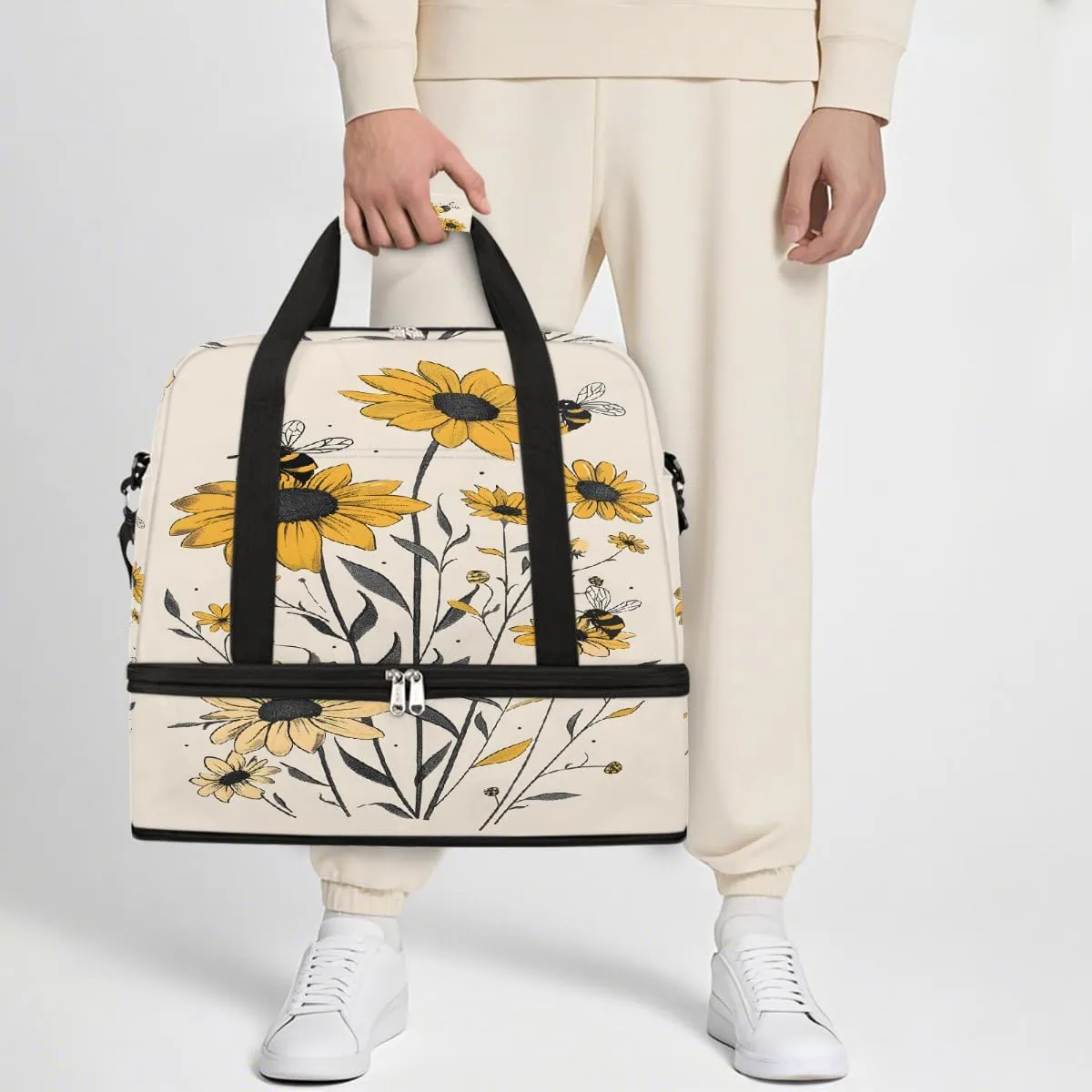 Sports Gym Bag Sunflower Bee Retro Large Travel Duffel Bag With Shoe Compartment Foldable Waterproof Carry-On Weekend Travel Bags for Camping Overnight Yoga Hospital Travel Bags