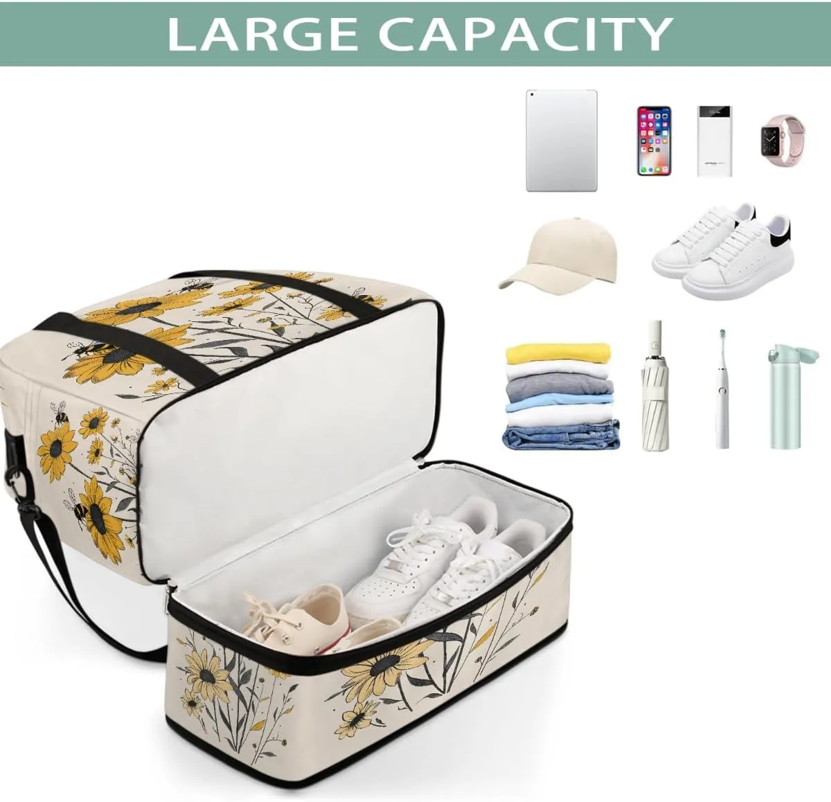 Sports Gym Bag Sunflower Bee Retro Large Travel Duffel Bag With Shoe Compartment Foldable Waterproof Carry-On Weekend Travel Bags for Camping Overnight Yoga Hospital Travel Bags