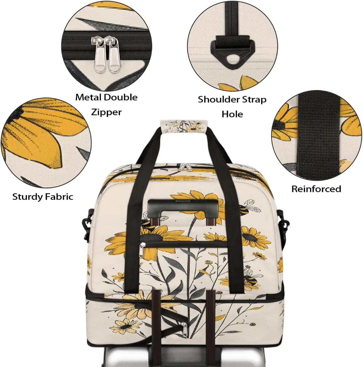 Sports Gym Bag Sunflower Bee Retro Large Travel Duffel Bag With Shoe Compartment Foldable Waterproof Carry-On Weekend Travel Bags for Camping Overnight Yoga Hospital Travel Bags