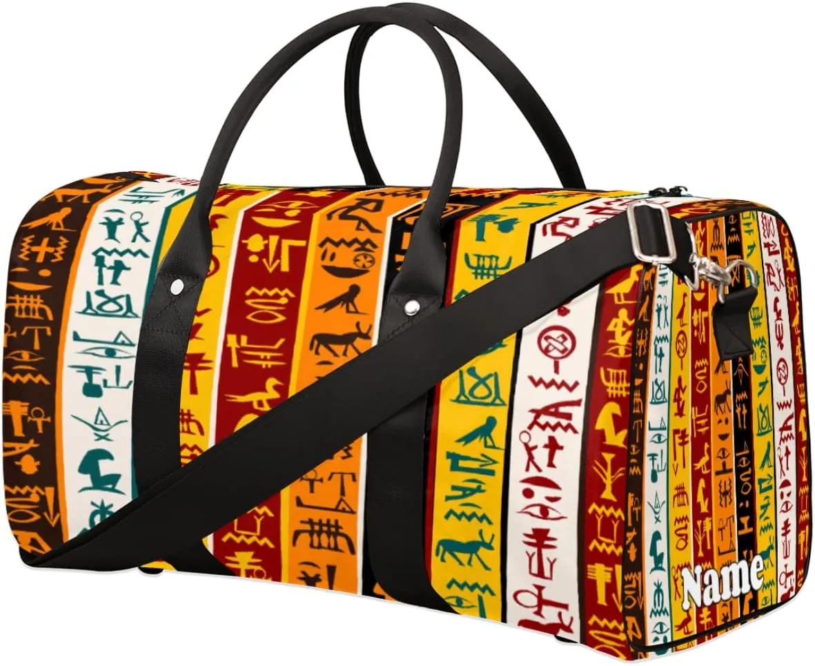 Sports Gym Duffel Bag Customized Name for Women & Men, Abstract African Egyptian Print Waterproof Tote Beach Bag Foldable Personal Item Travel Bag for Weekender Overnight Dance Carry-On Bag