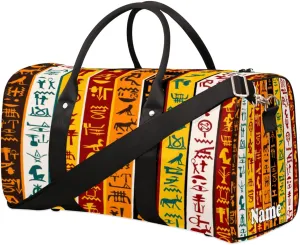 Sports Gym Duffel Bag Customized Name for Women & Men, Abstract African Egyptian Print Waterproof Tote Beach Bag Foldable Personal Item Travel Bag for Weekender Overnight Dance Carry-On Bag