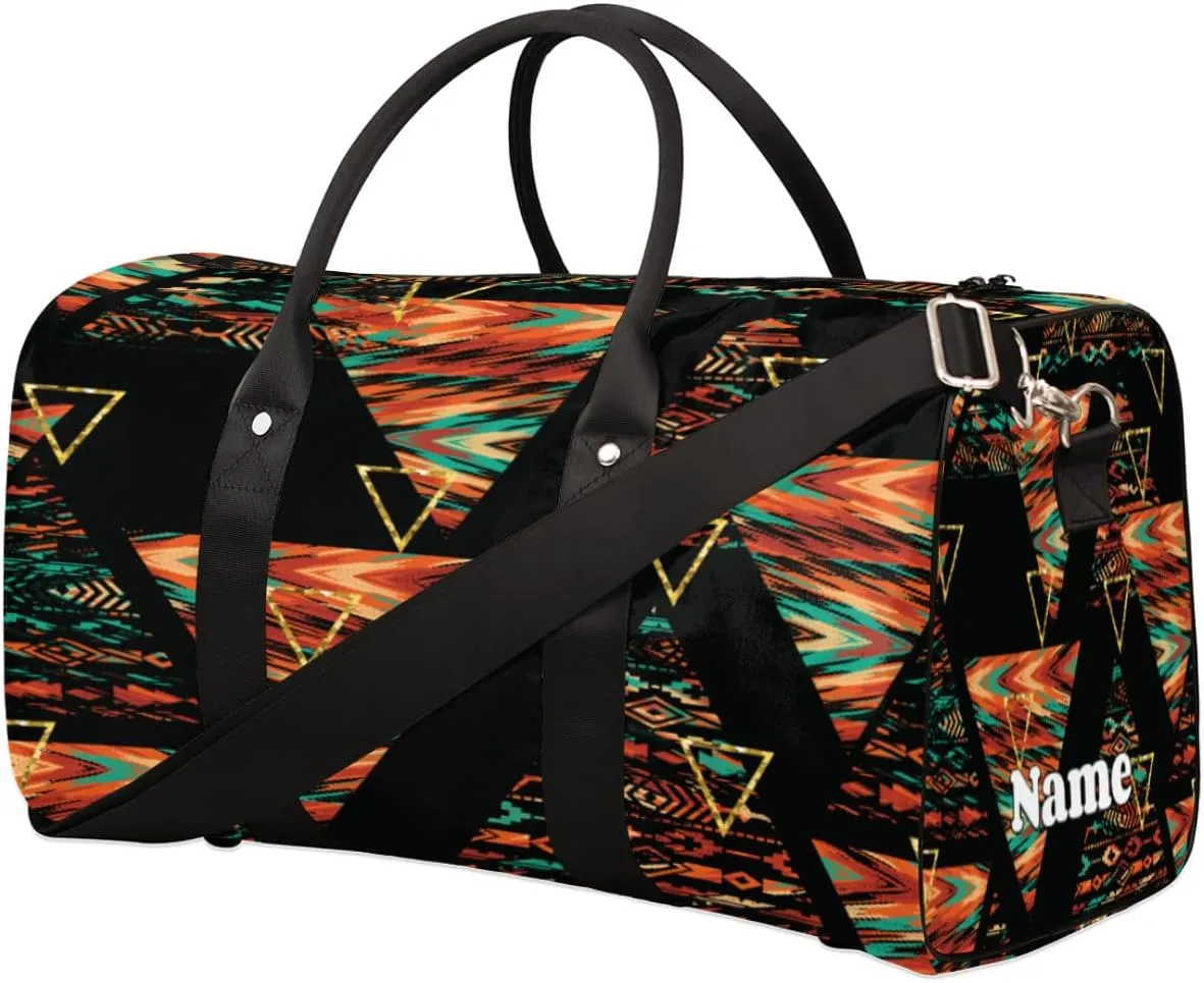 Sports Gym Duffel Bag Customized Name for Women & Men, Egyptian Abstract Geometry Waterproof Tote Beach Bag Foldable Personal Item Travel Bag for Weekender Overnight Dance Carry-On Bag