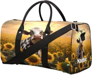 Sports Gym Duffel Bag Customized Name for Women & Men, Sunflower Cattle Waterproof Tote Beach Bag Foldable Personal Item Travel Bag for Weekender Overnight Dance Carry-On Bag
