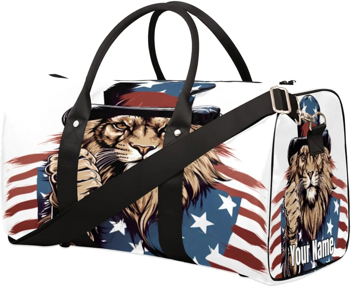 Sports Tote Gym Duffel Bag American Fist Lion Patriot Customized Name for Women & Men,Waterproof Baseball Bag Foldable Personal Item Travel Bag for Weekender Overnight Dance Carry-On Bag