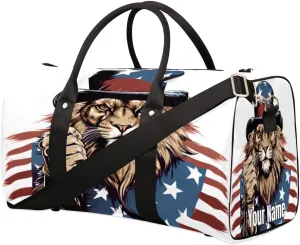 Sports Tote Gym Duffel Bag American Fist Lion Patriot Customized Name for Women & Men,Waterproof Baseball Bag Foldable Personal Item Travel Bag for Weekender Overnight Dance Carry-On Bag