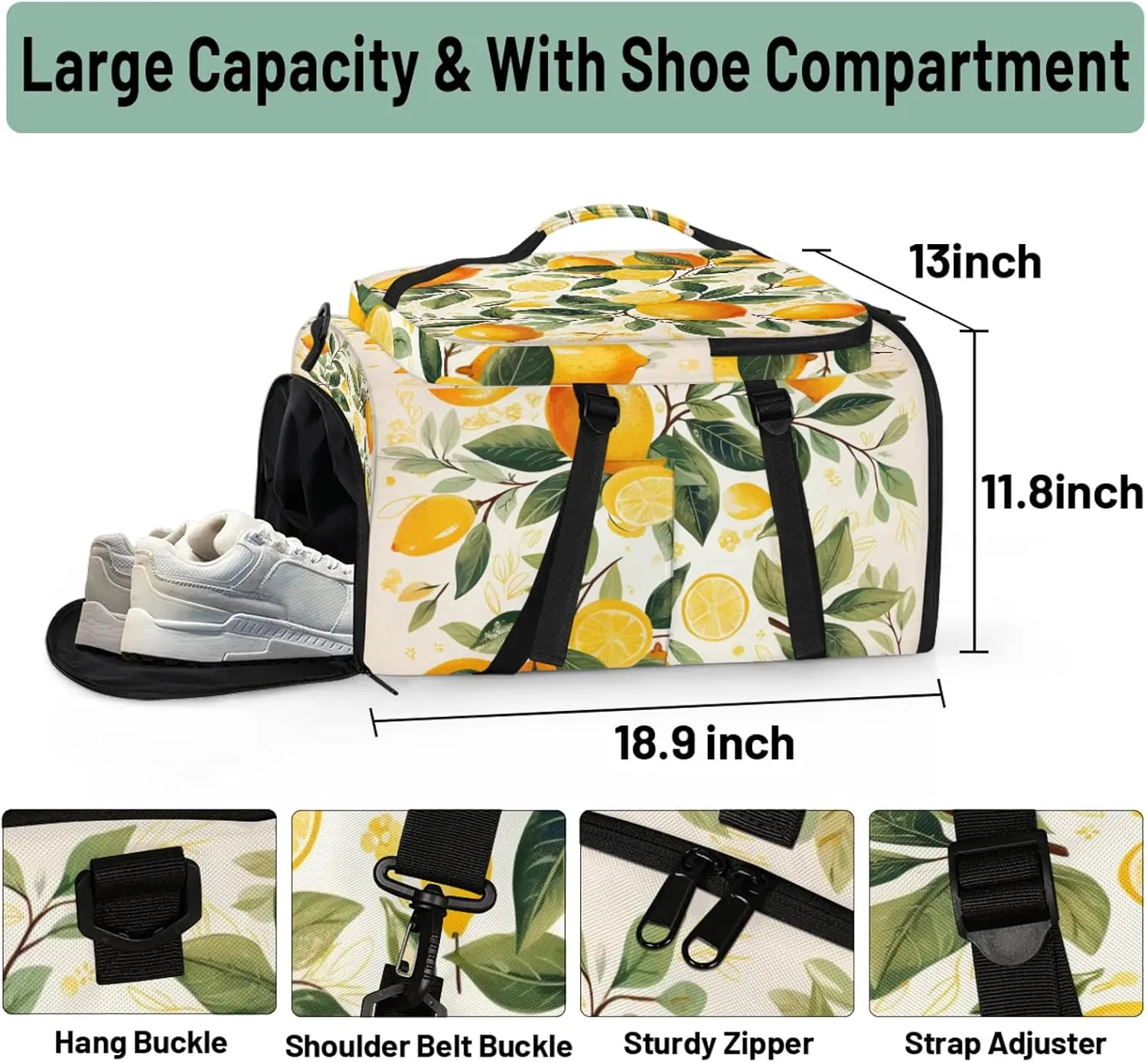 Spring Lemon Gym Duffle Bag Backpack Waterproof Sports Bags with Shoe Compartment 48L Carry On Overnight Weekender Travel Luggage