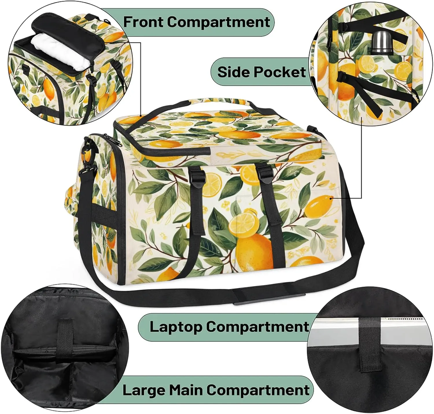 Spring Lemon Gym Duffle Bag Backpack Waterproof Sports Bags with Shoe Compartment 48L Carry On Overnight Weekender Travel Luggage