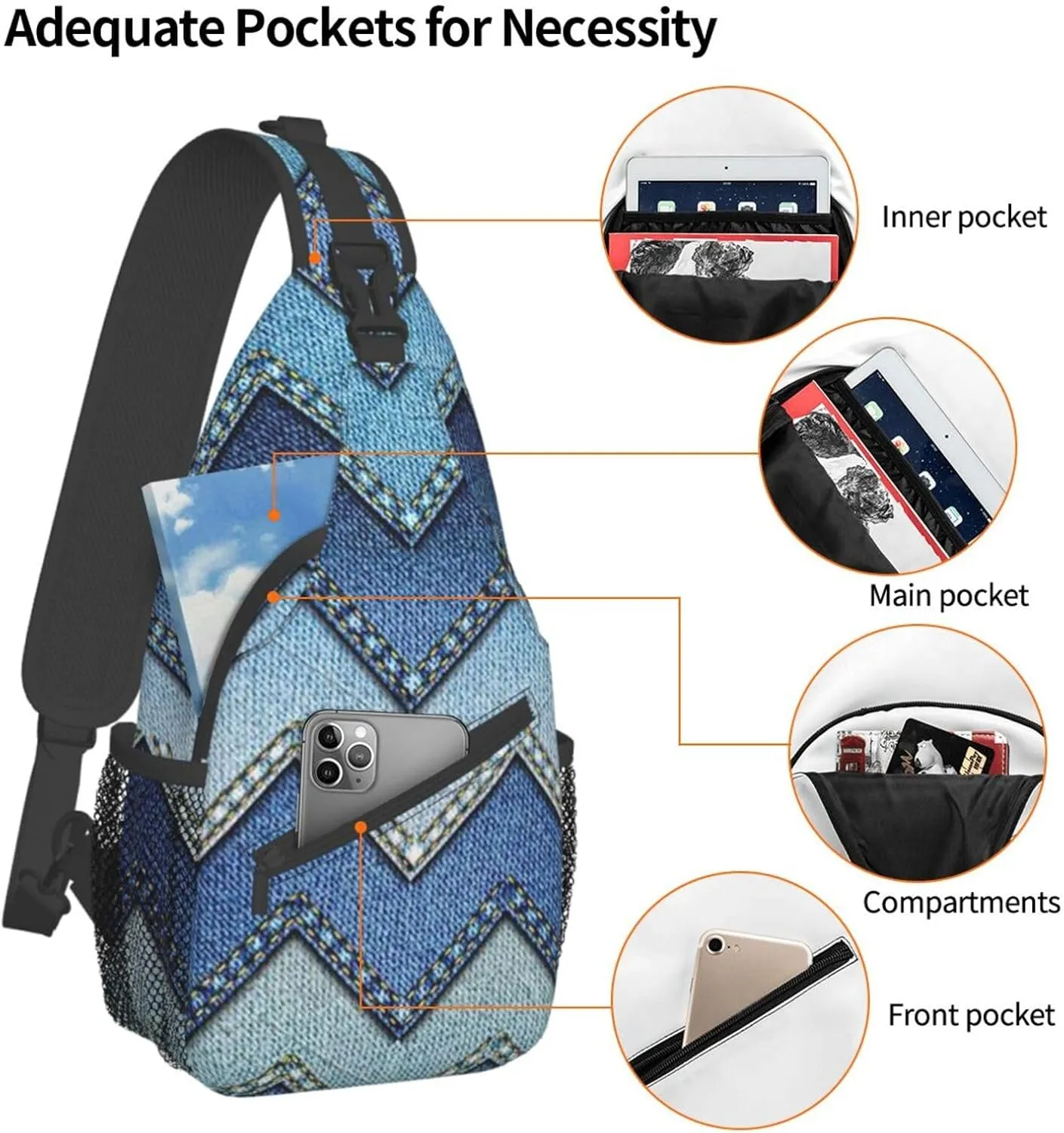 SSIMOO Gradient Blue Denim Versatile Travel Hiking Backpack-Perfect For Outdoor Cycling,Chest Shoulder Bag