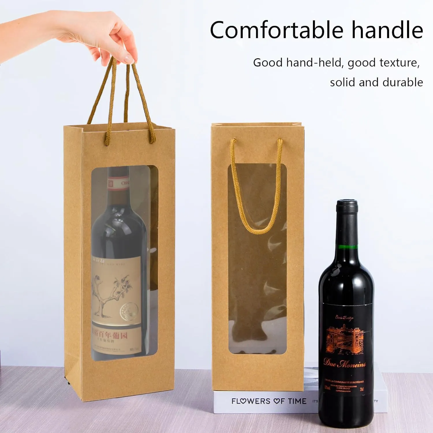 Ssyuysto 12Pcs Wine Gift Bag With Clear Window, Brown Kaft Bags for Bottles, New Year Birthday Housewarming Dinner Party