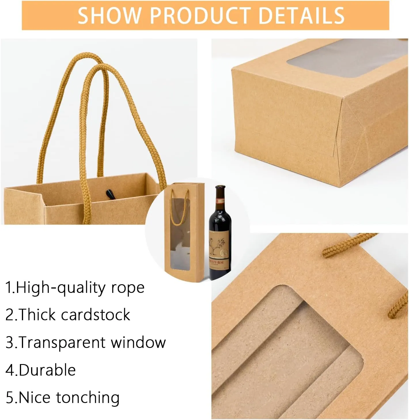 Ssyuysto 12Pcs Wine Gift Bag With Clear Window, Brown Kaft Bags for Bottles, New Year Birthday Housewarming Dinner Party
