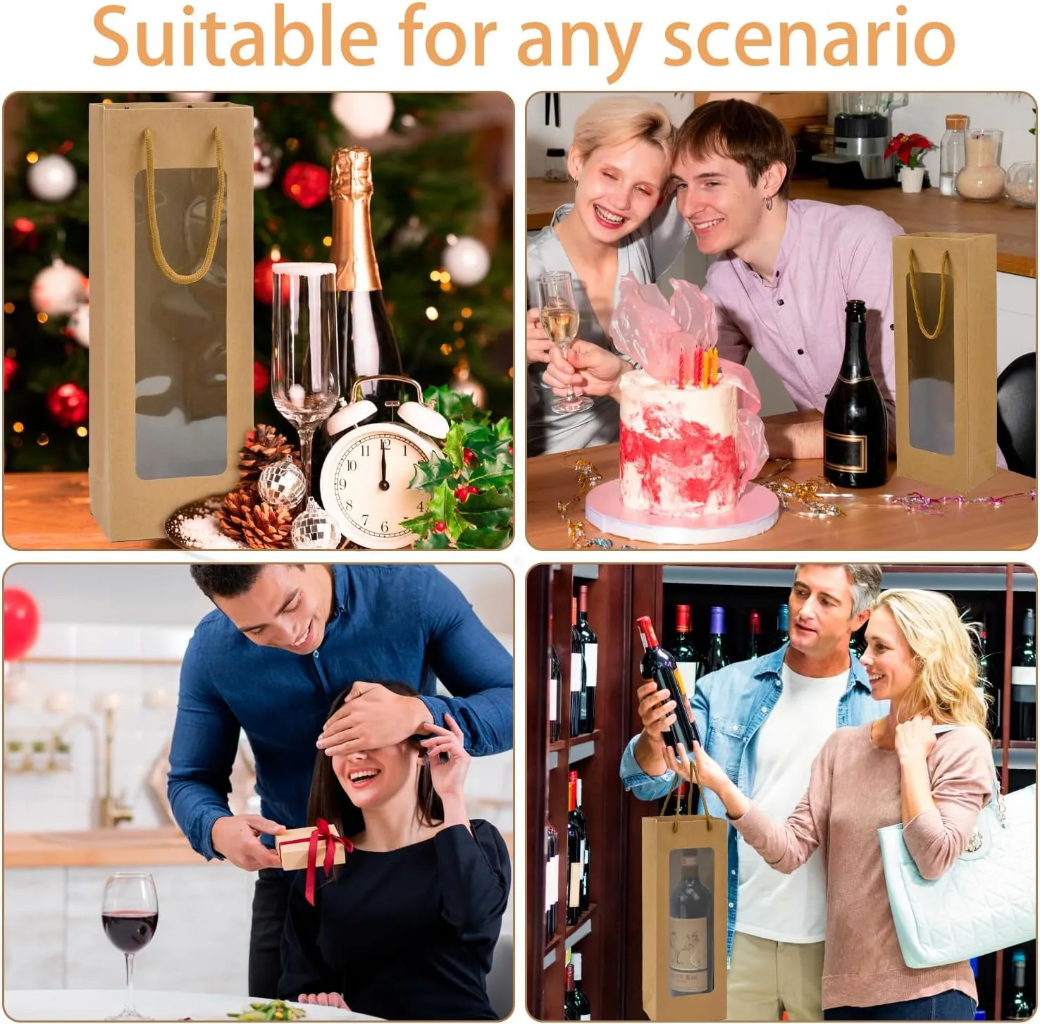 Ssyuysto 12Pcs Wine Gift Bag With Clear Window, Brown Kaft Bags for Bottles, New Year Birthday Housewarming Dinner Party