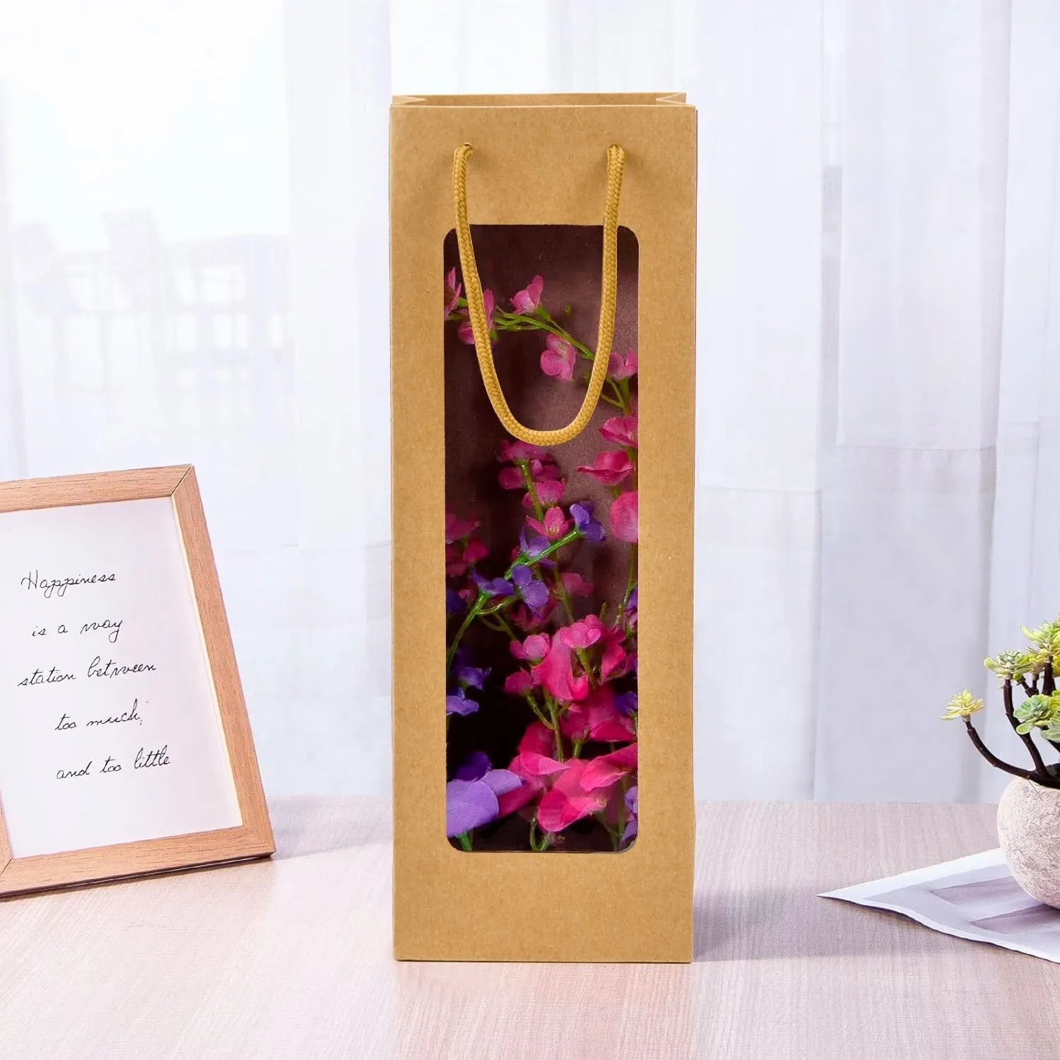 Ssyuysto 12Pcs Wine Gift Bag With Clear Window, Brown Kaft Bags for Bottles, New Year Birthday Housewarming Dinner Party