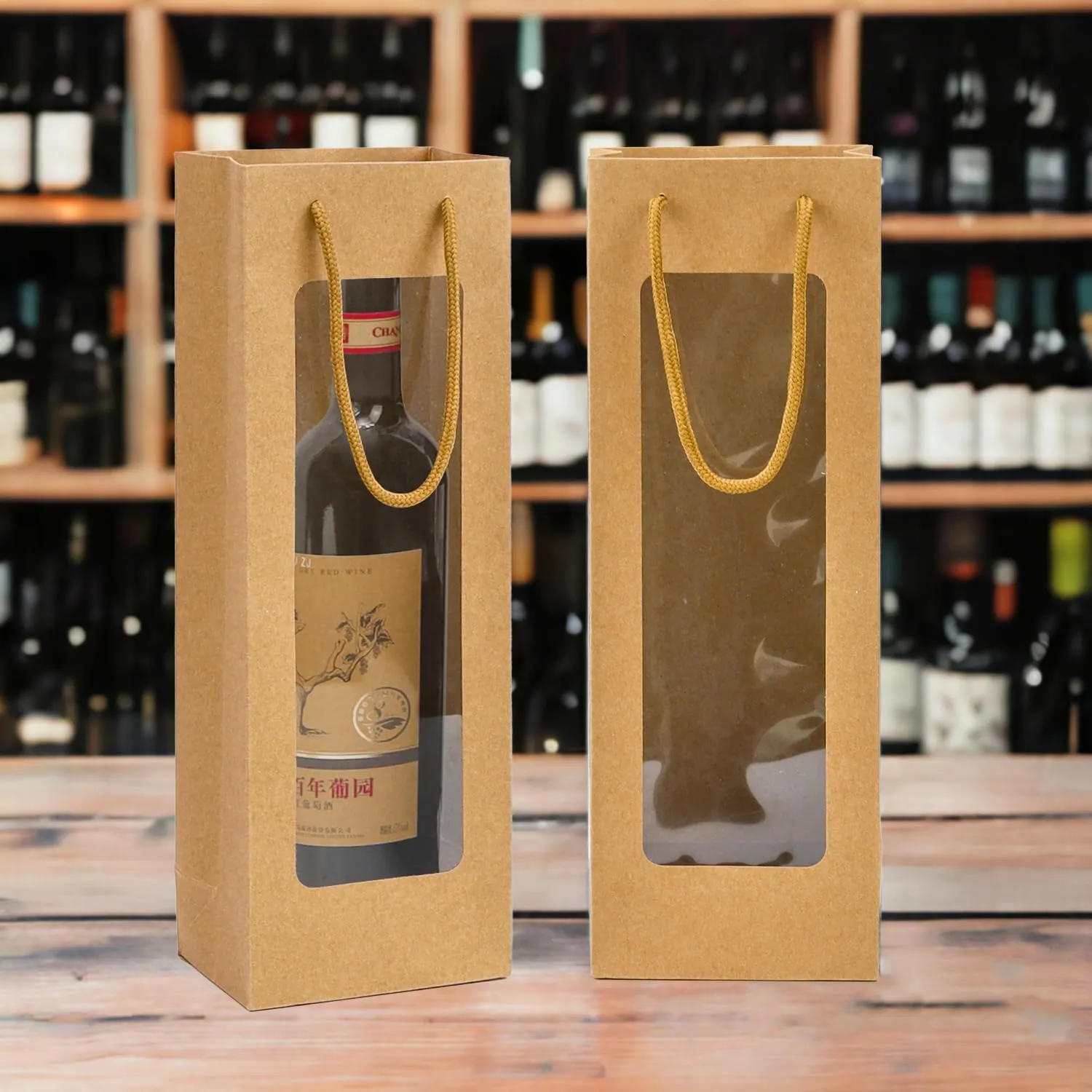 Ssyuysto 12Pcs Wine Gift Bag With Clear Window, Brown Kaft Bags for Bottles, New Year Birthday Housewarming Dinner Party
