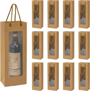 Ssyuysto 12Pcs Wine Gift Bag With Clear Window, Brown Kaft Bags for Bottles, New Year Birthday Housewarming Dinner Party