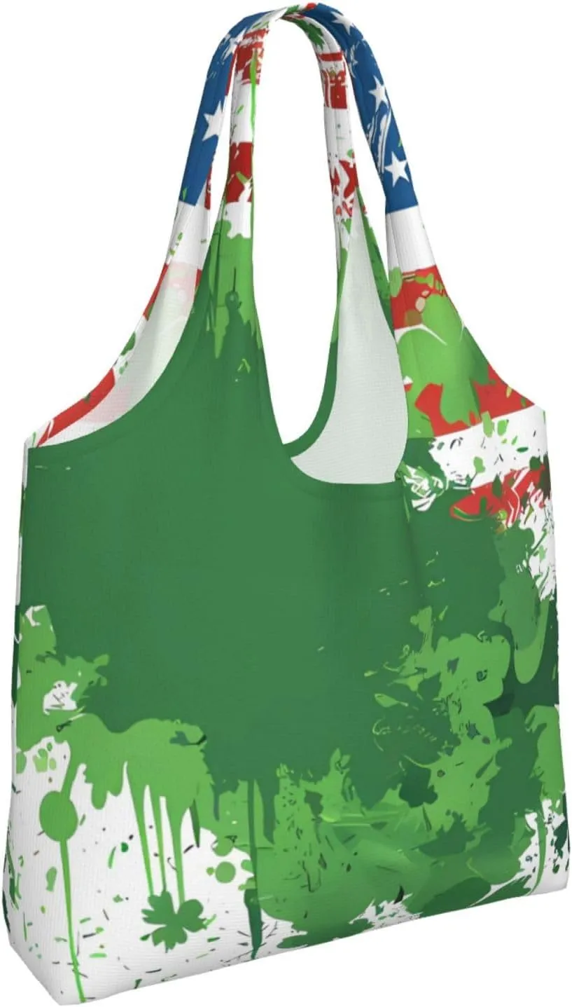 St Patricks Day American Flag Canvas Tote Bags Reusable Shopping Bag Handbag for Shopper Beach Gifts