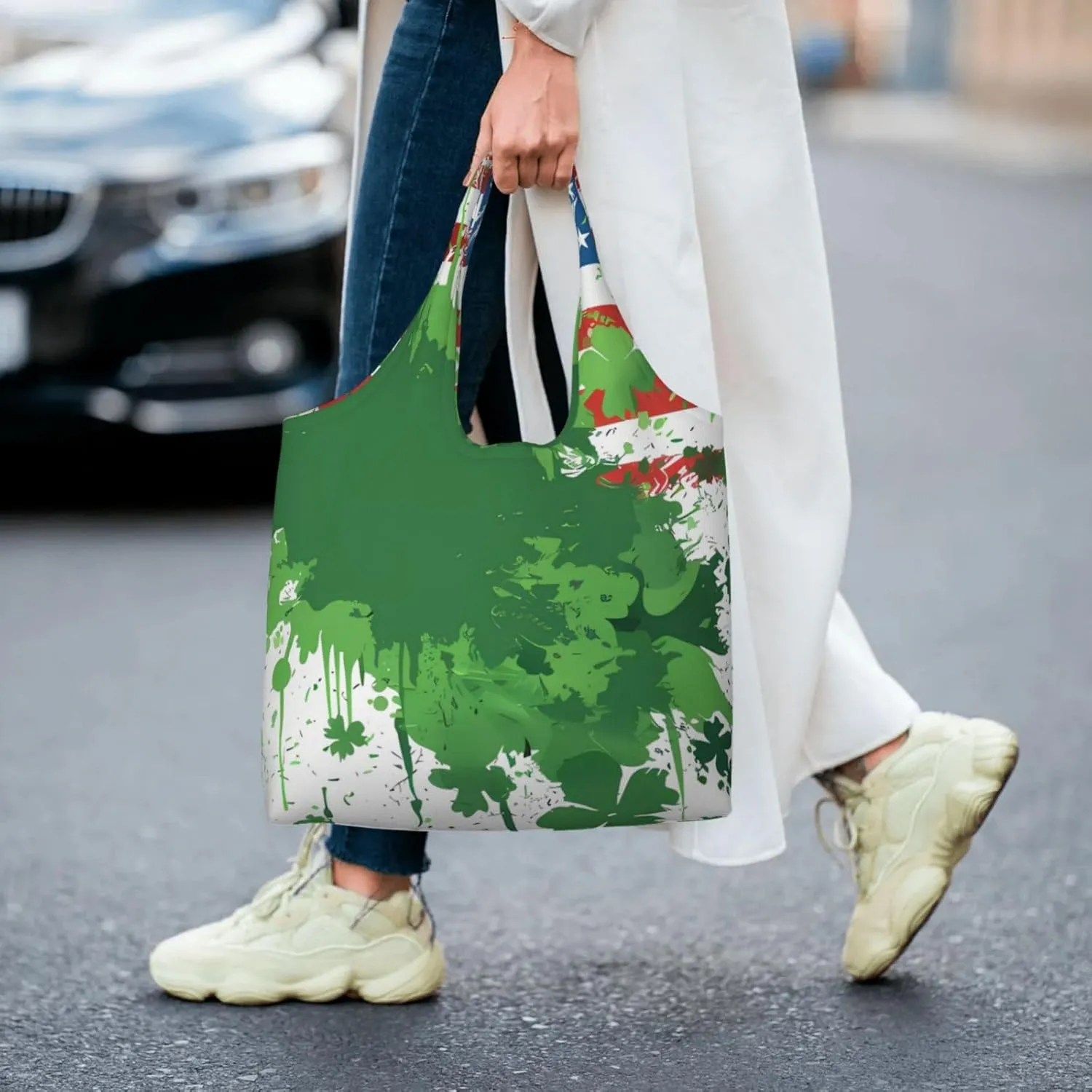 St Patricks Day American Flag Canvas Tote Bags Reusable Shopping Bag Handbag for Shopper Beach Gifts