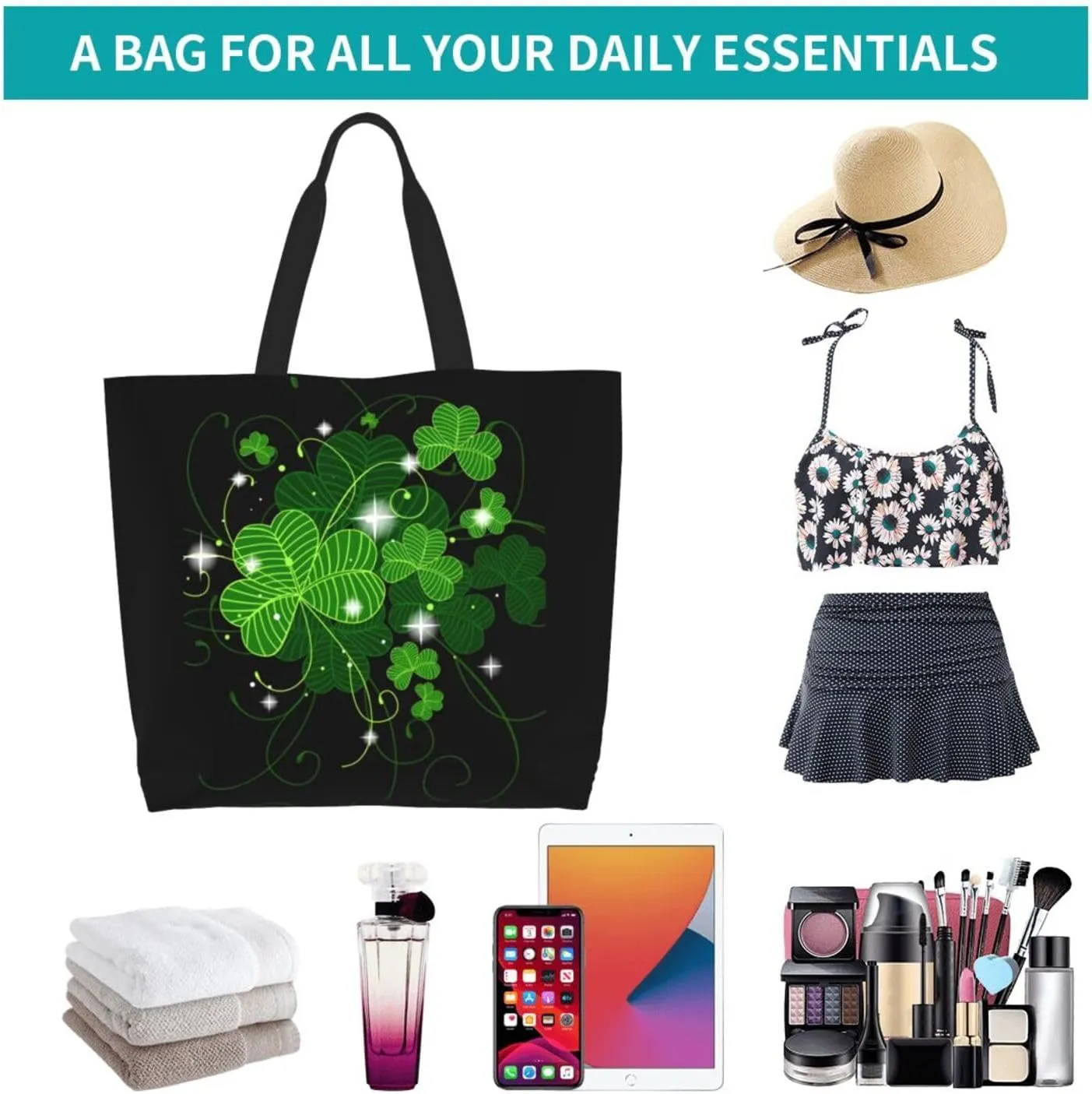 St. Patrick's Day Bag, Lucky Clover Tote Bag, Cute Shamrock Reusable Shoulder Bag Casual Bag for Shopping, Work