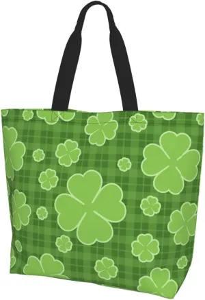 St. Patrick's Day Canvas Tote Bag Green Shamrock Shoulder Bag Clover Casual Grocery Bags Green Bags for Outdoor