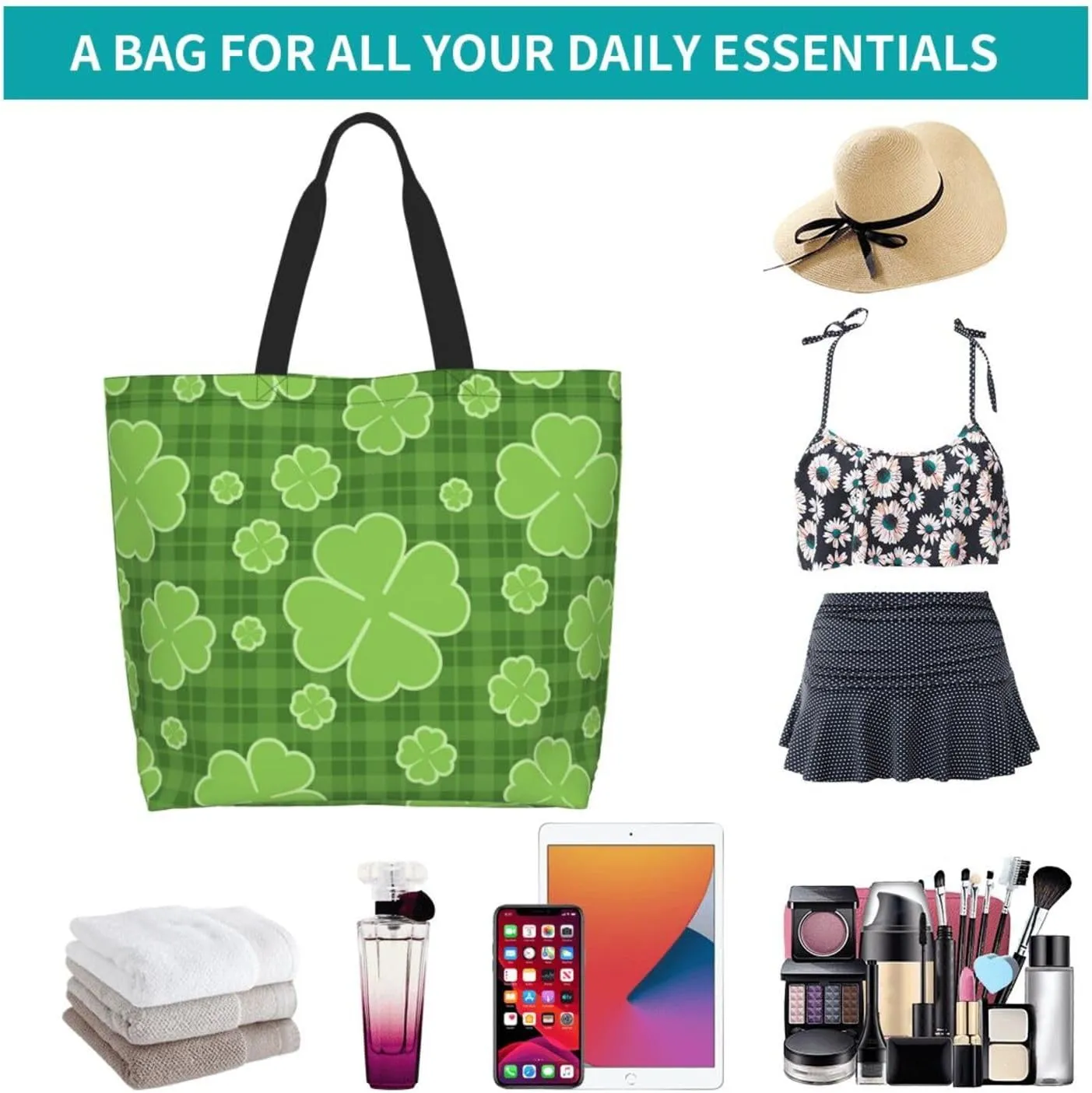 St. Patrick's Day Canvas Tote Bag Green Shamrock Shoulder Bag Clover Casual Grocery Bags Green Bags for Outdoor