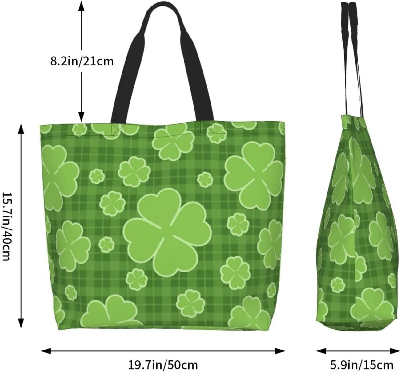 St. Patrick's Day Canvas Tote Bag Green Shamrock Shoulder Bag Clover Casual Grocery Bags Green Bags for Outdoor
