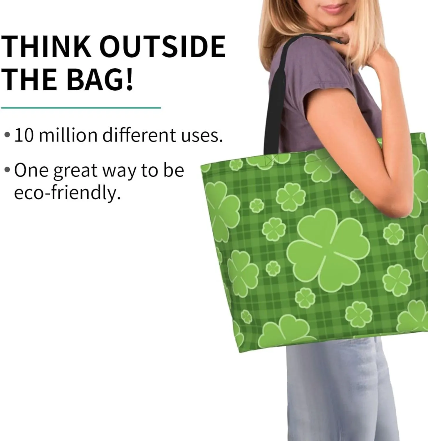 St. Patrick's Day Canvas Tote Bag Green Shamrock Shoulder Bag Clover Casual Grocery Bags Green Bags for Outdoor