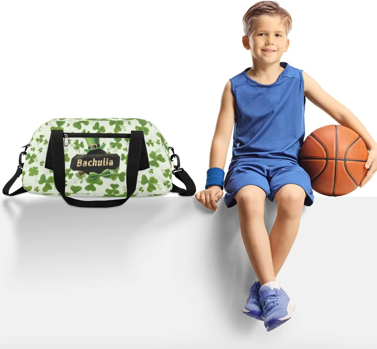 St. Patrick's Day Clover Leaves Kids Duffel Bag for Girls Boys Teens, Custom Name Dance Bag Overnight Small Duffel Bag Carry On Weekend Sports Gym Travel Bag for School Practice Gymnastics Ballet