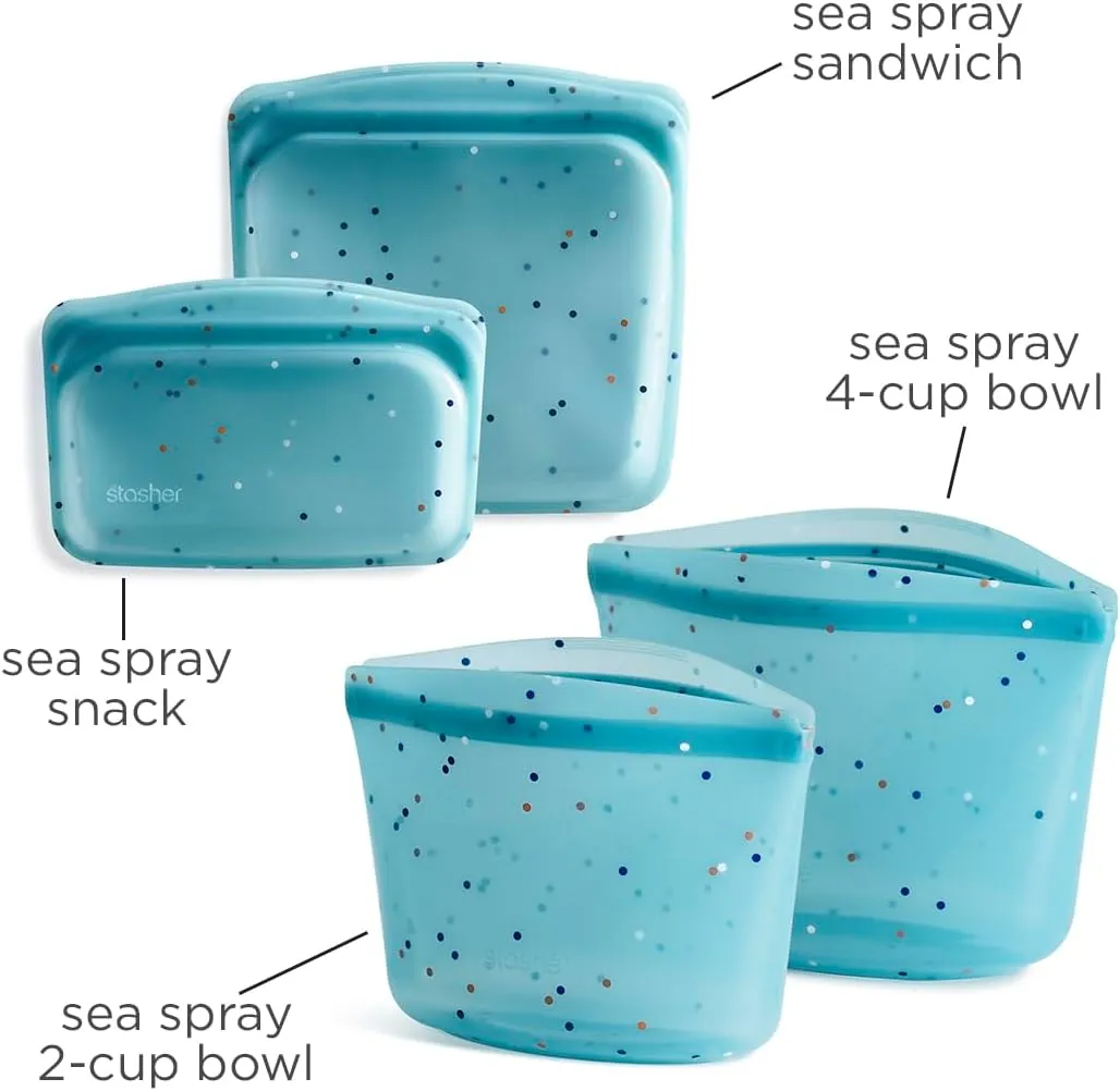 Stasher Premium Silicone Reusable Food Storage Bags, 4-Pack, Sea Spray | Multi-Use Food Storage Bags, Lunch Bag, Travel Containers | BPA Free, Leak-free, Dishwasher-Safe, Eco-friendly