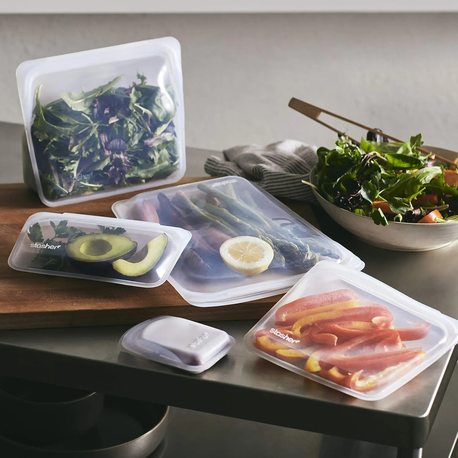 Stasher Silicone Reusable Storage Bags, Stand-Up Mega & Snack (Clear) | Food Meal Prep Storage Containers | Lunch, Travel, Makeup, Gym Bags | Freezer, Oven, Microwave, Dishwasher Safe, Leakproof