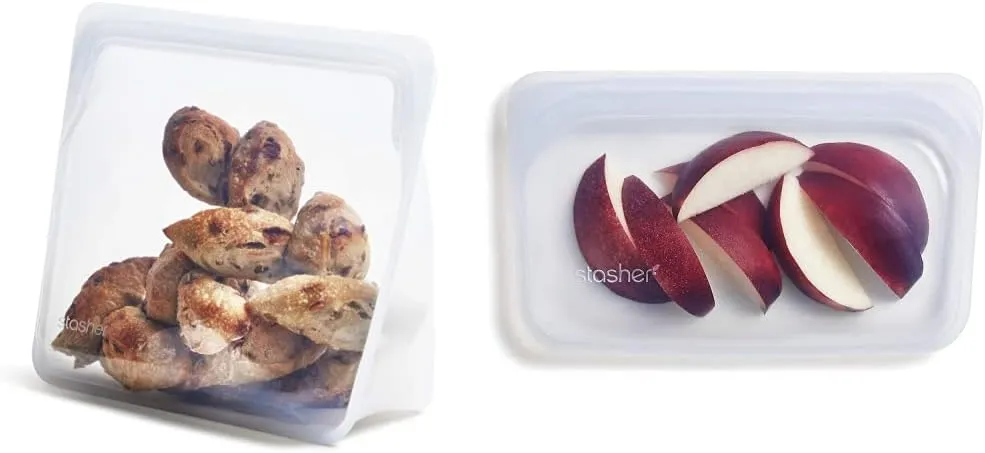 Stasher Silicone Reusable Storage Bags, Stand-Up Mega & Snack (Clear) | Food Meal Prep Storage Containers | Lunch, Travel, Makeup, Gym Bags | Freezer, Oven, Microwave, Dishwasher Safe, Leakproof