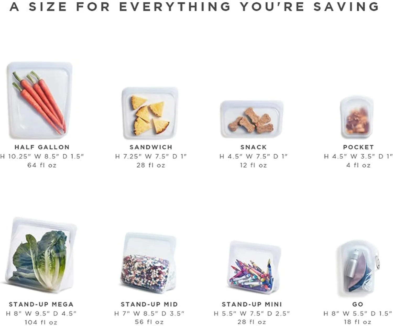 Stasher Silicone Reusable Storage Bags, Stand-Up Mega & Snack (Clear) | Food Meal Prep Storage Containers | Lunch, Travel, Makeup, Gym Bags | Freezer, Oven, Microwave, Dishwasher Safe, Leakproof
