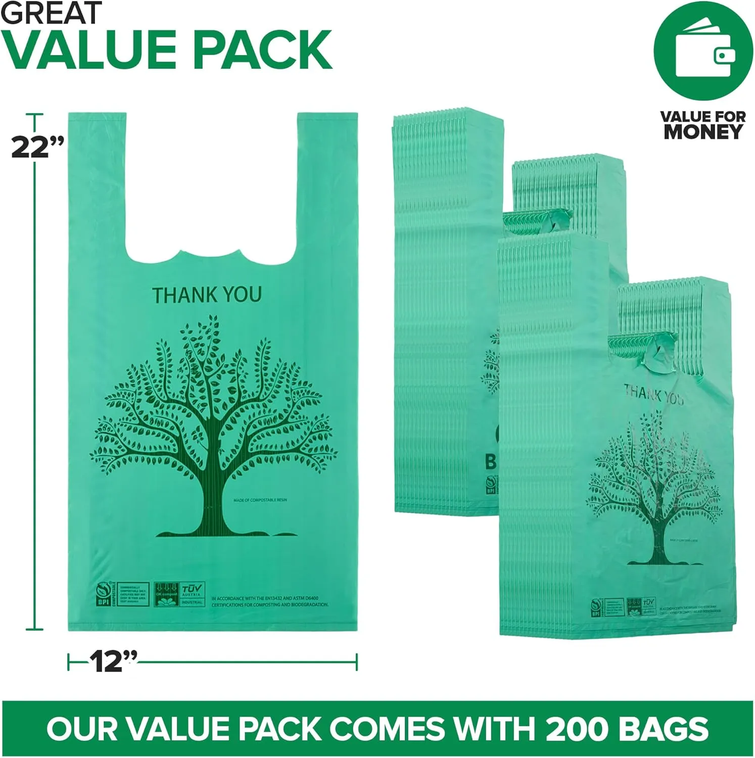 Stock Your Home 200 Pack Thank You Bags Disposable Eco Grocery T-Shirt Bag with Handles for Supermarket, Groceries, Produce, Shopping, Trash, Small Commercially Compostable Baggies Bulk